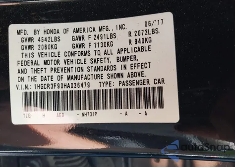 2017 Honda Accord Touring V6 из США, поврежденный, VIN 1HGCR3F90HA036479